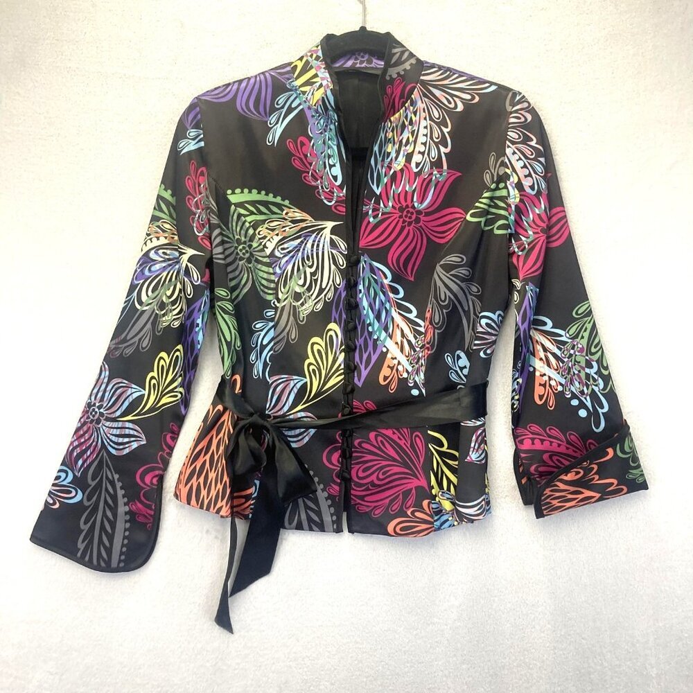 Monaco Asian Floral Jacket Womens Petite Small PS Satin Belted Button Colorful